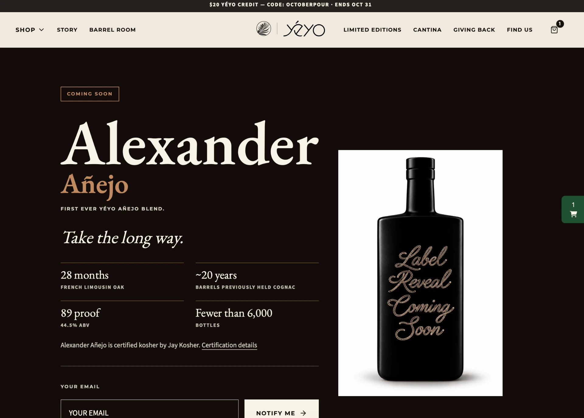 Alexander Añejo coming-soon launch page with product details and a notify-me email signup