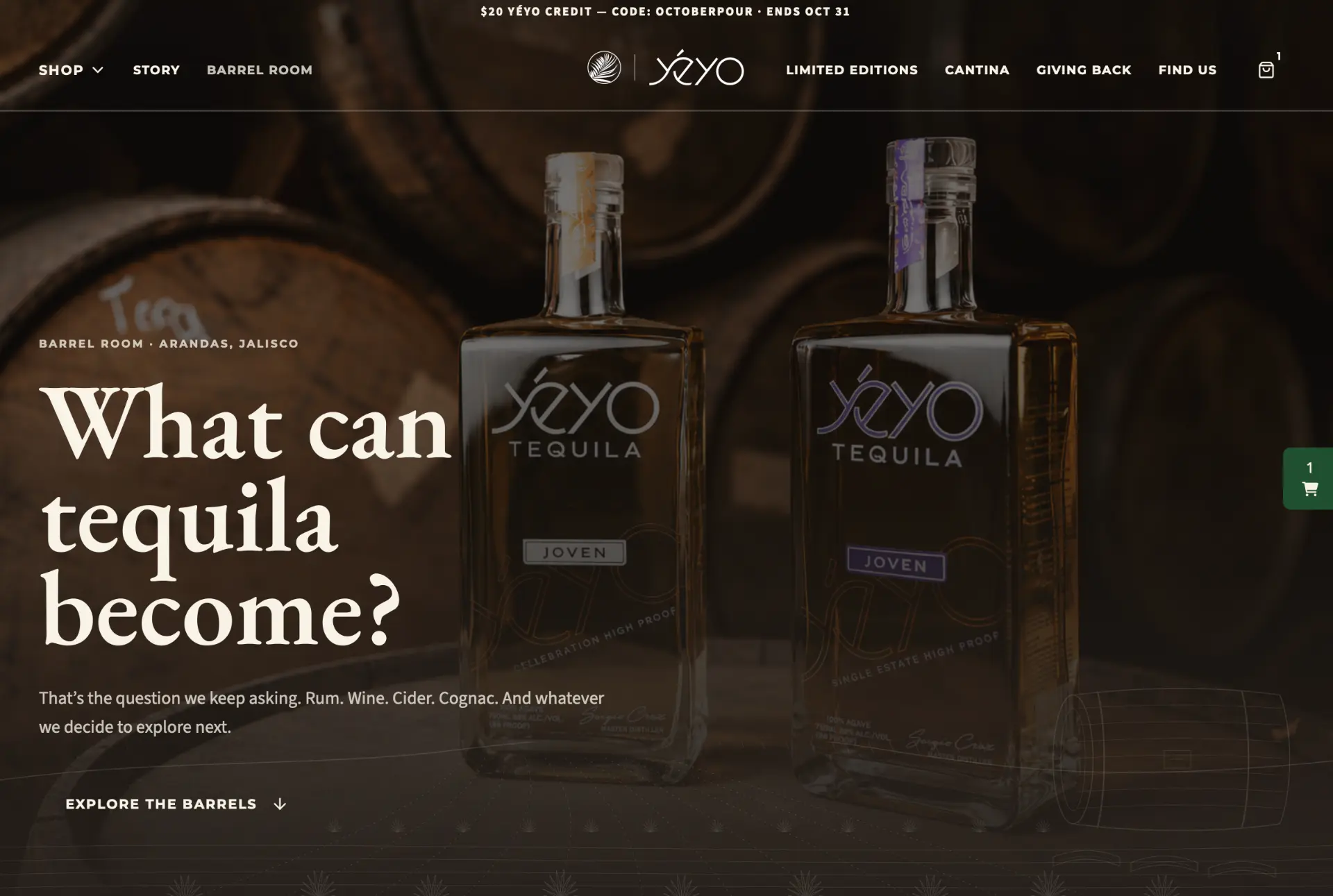 Yéyo Barrel Room page with two Joven bottles in front of aging barrels