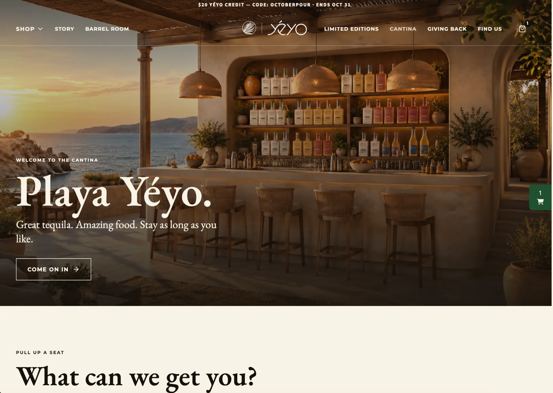 Playa Yéyo cantina page showing an oceanside bar stocked with Yéyo bottles at sunset