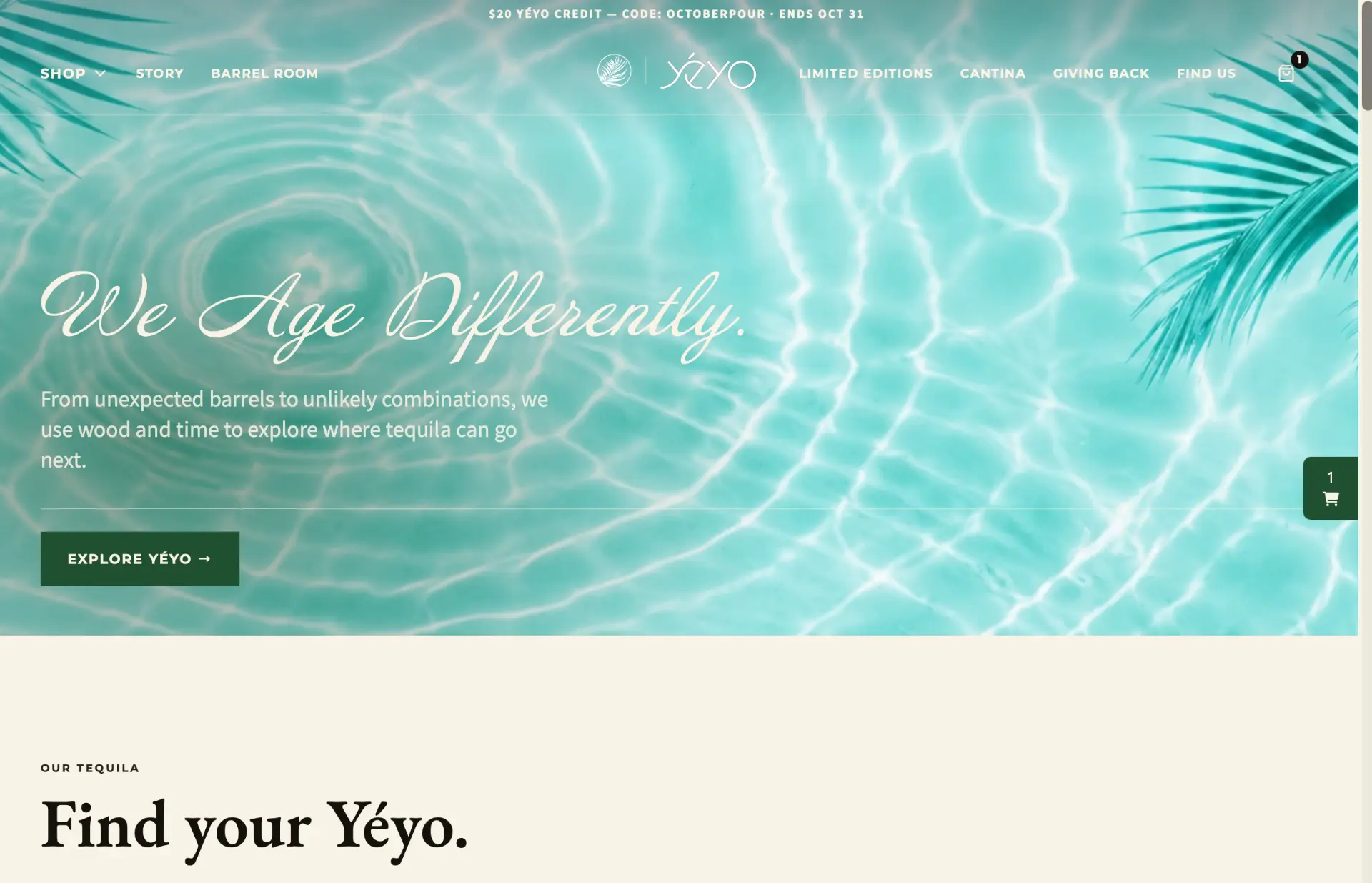 Yéyo Tequila home page with the headline “We Age Differently.” over rippling turquoise water