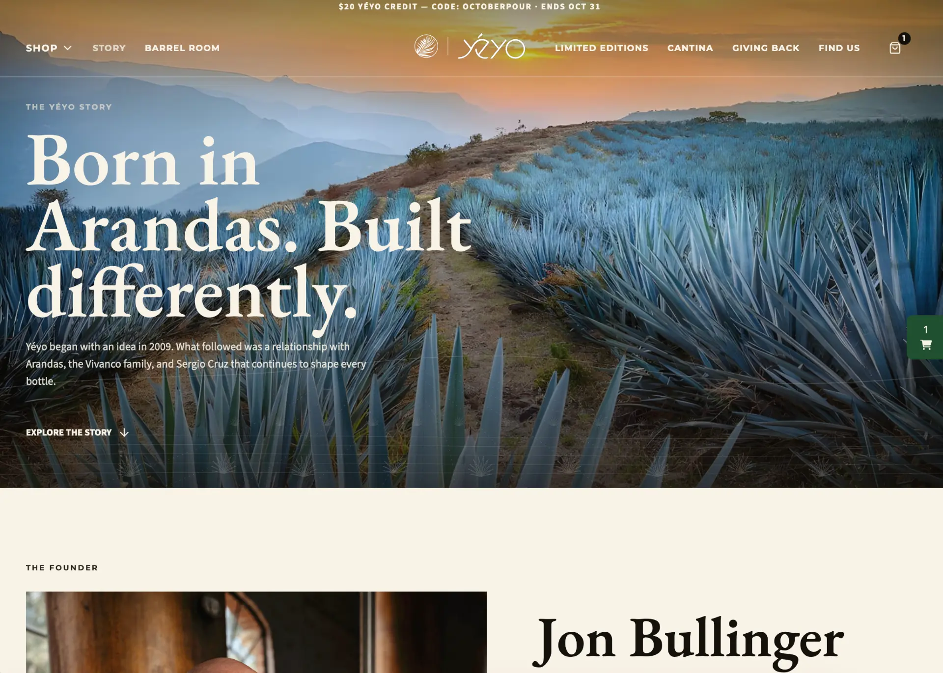Yéyo Story page headline “Born in Arandas. Built differently.” over a blue agave field at sunset