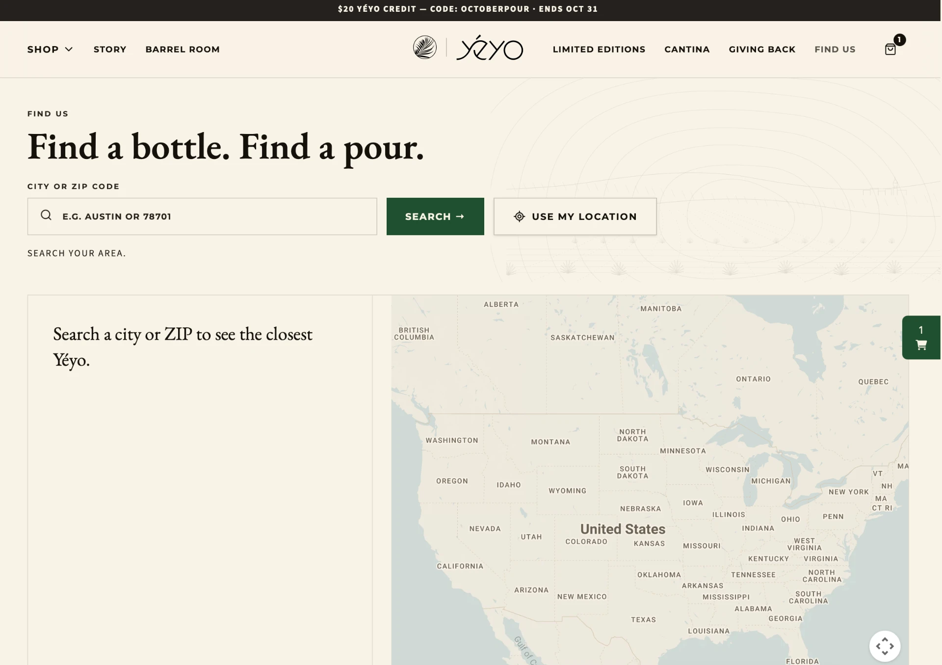 Yéyo Find Us page with city or ZIP search, a Use My Location button and a map of the United States