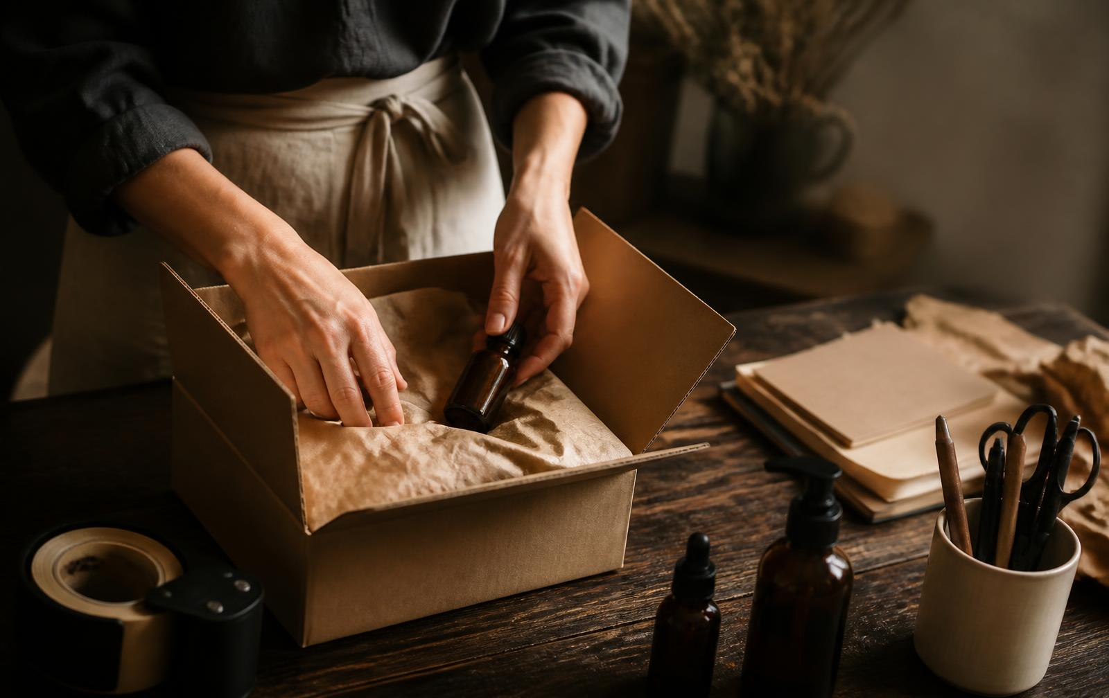 Hands packing an order into a plain shipping box on a dark wood table