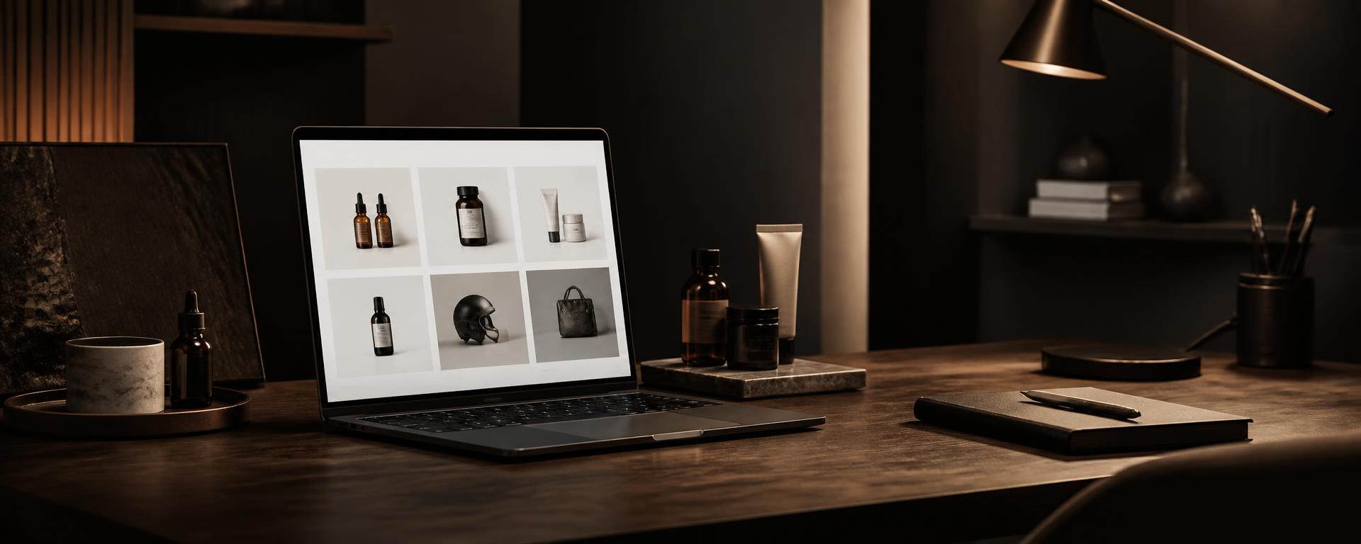 A modern consumer-brand storefront displayed on a laptop in a premium workspace
